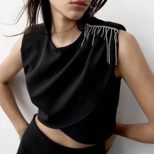 Zara Black Shimmery Crystal Tassel Cropped Top